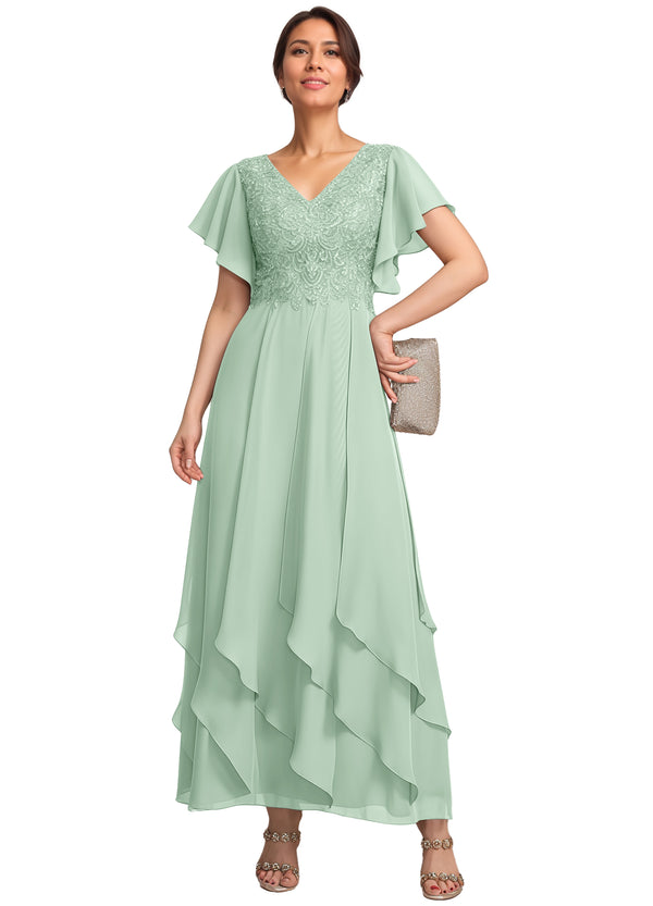 A-line V-Neck Ankle-Length Lace Chiffon Mother of the Bride Dress With Cascading Ruffles