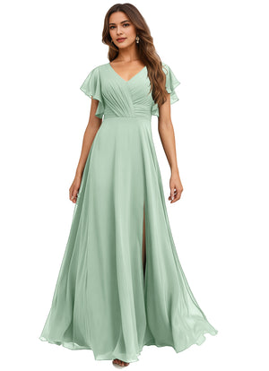 A-line V-Neck Floor-Length Chiffon Bridesmaid Dress With Ruffle