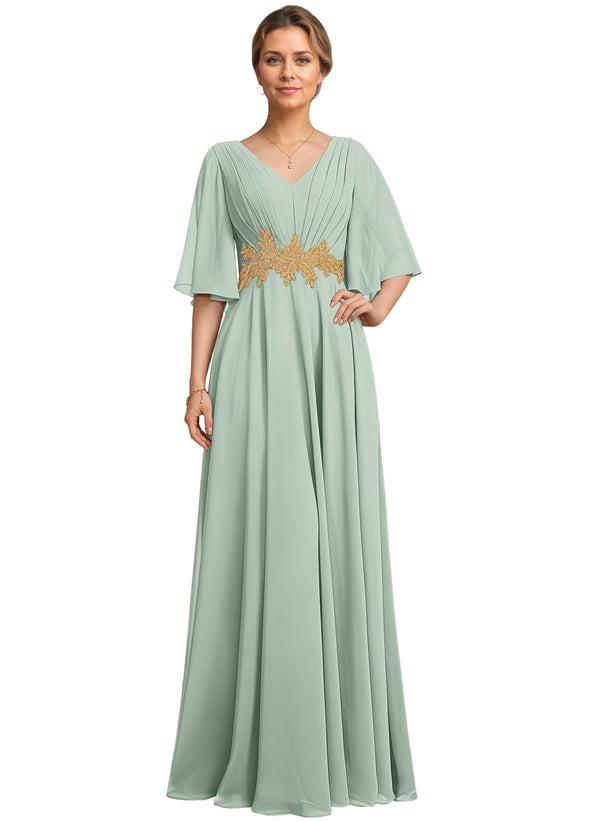 A-line V-Neck Floor-Length Chiffon Lace Mother of the Bride Dress With Sequins Beading