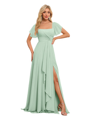 A-line Square Asymmetrical Chiffon Bridesmaid Dress