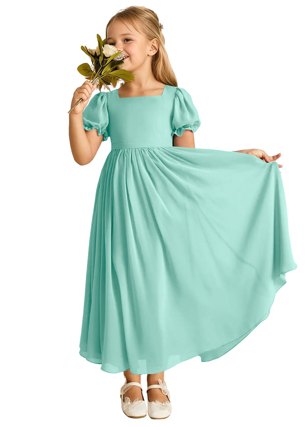 A-line Scoop-Neck Short Sleeves Chiffon Junior Bridesmaid Dress