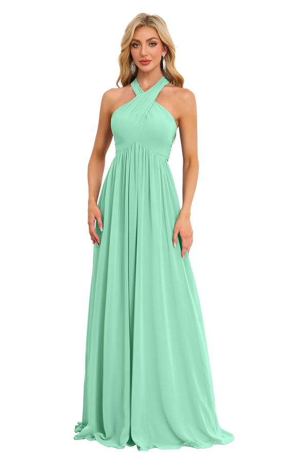 A-line Halter Floor-Length Chiffon Bridesmaid Dress With Ruffle