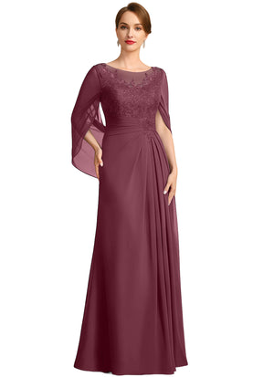 A-line Scoop Illusion Floor-Length Lace Chiffon Mother of the Bride Dress With Sequins Pleated