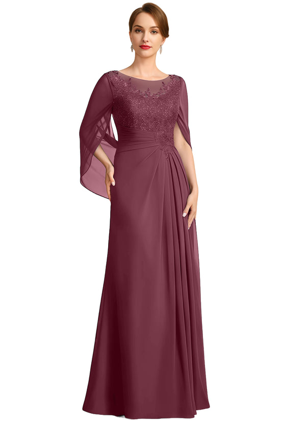 A-line Scoop Illusion Floor-Length Lace Chiffon Mother of the Bride Dress With Sequins Pleated