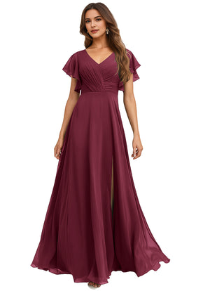 A-line V-Neck Floor-Length Chiffon Bridesmaid Dress With Ruffle