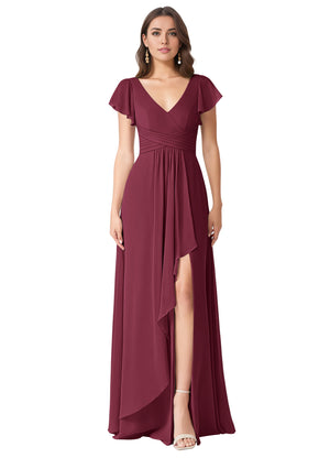 A-line V-Neck Floor-Length Chiffon Bridesmaid Dress With Ruffle