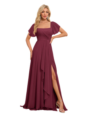 A-line Square Asymmetrical Chiffon Bridesmaid Dress