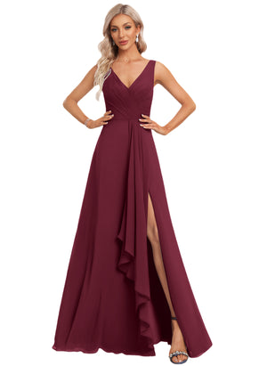 A-line V-Neck Floor-Length Chiffon Bridesmaid Dress with Ruffle