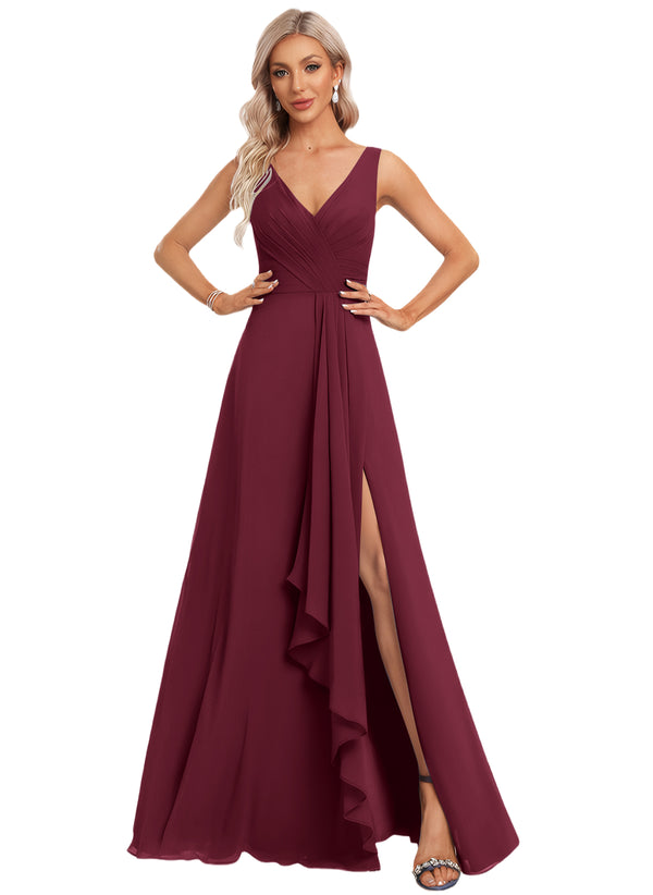 A-line V-Neck Floor-Length Chiffon Bridesmaid Dress with Ruffle
