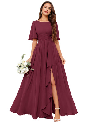 A-line Scoop Floor-Length Chiffon Bridesmaid Dress With Slit