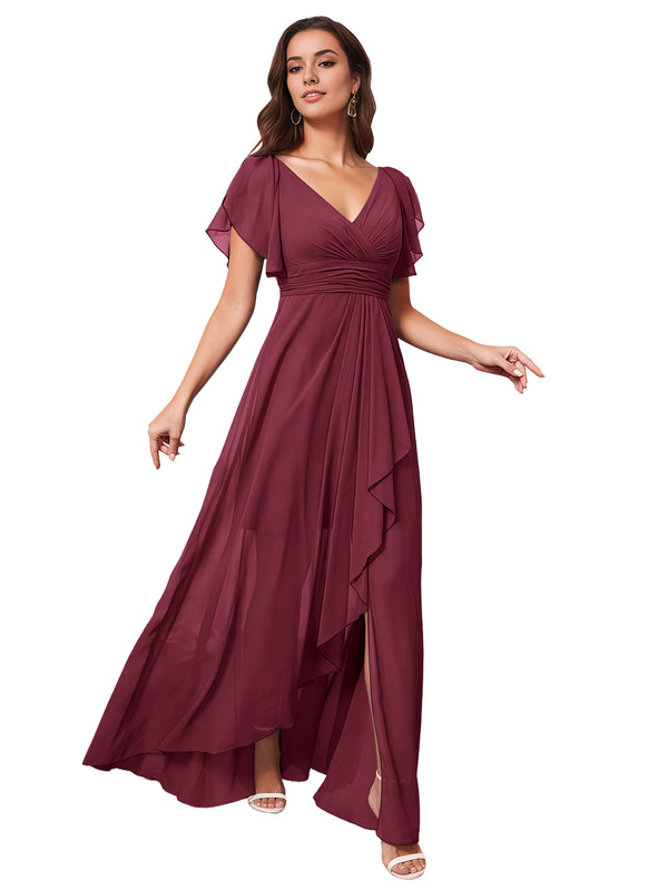A-line V-Neck Floor-Length Chiffon Bridesmaid Dress With Ruffle