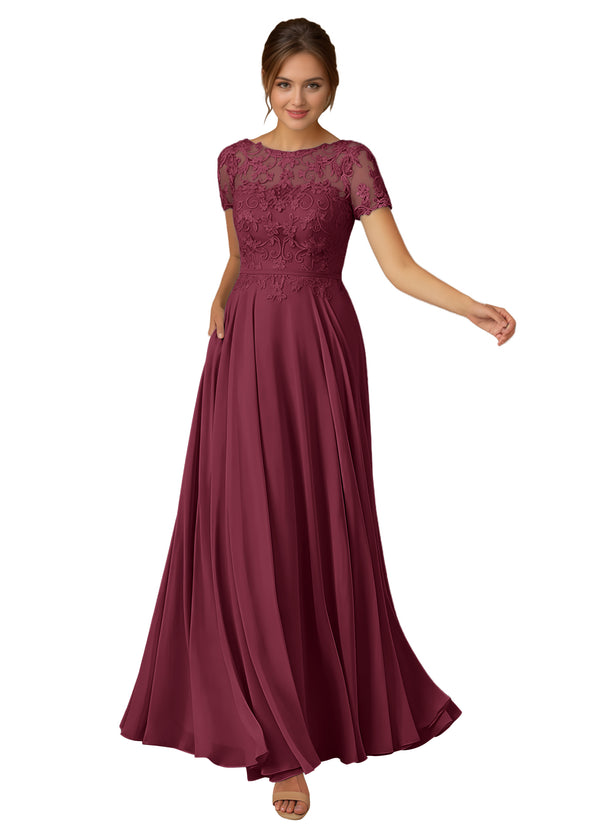 A-line Scoop Illusion Floor-Length Lace Chiffon Mother of the Bride Dress With Sequins