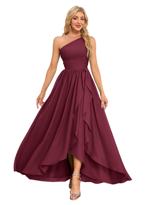 A-line One Shoulder Floor-Length Chiffon Bridesmaid Dress With Ruffle
