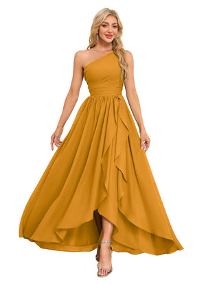 A-line One Shoulder Floor-Length Chiffon Bridesmaid Dress With Ruffle