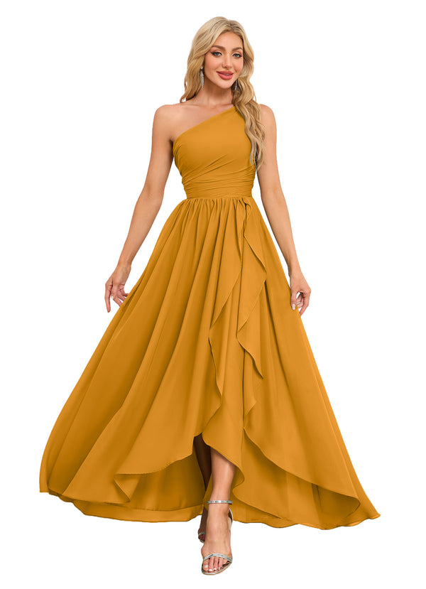 A-line One Shoulder Floor-Length Chiffon Bridesmaid Dress With Ruffle