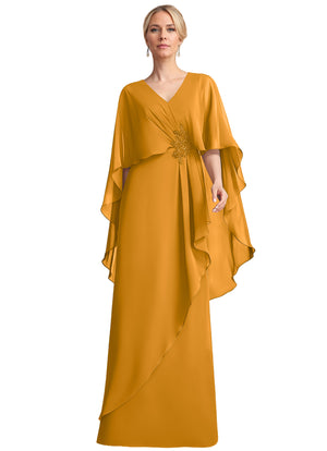 A-line V-Neck Floor-Length Chiffon Mother of the Bride Dress With Cascading Ruffles Beading