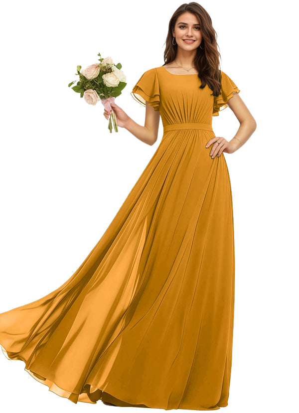 A-line Scoop Floor-Length Chiffon Bridesmaid Dress With Ruffle