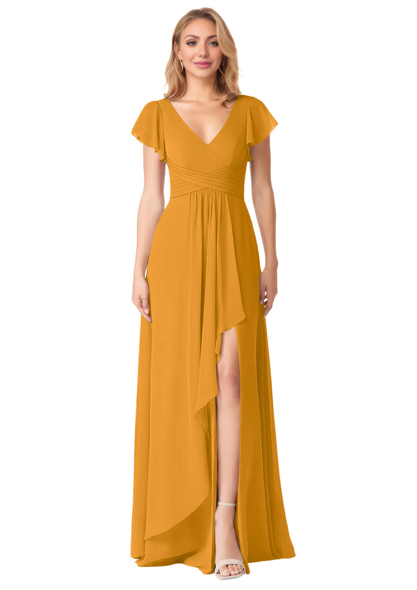 A-line V-Neck Floor-Length Chiffon Bridesmaid Dress With Ruffle
