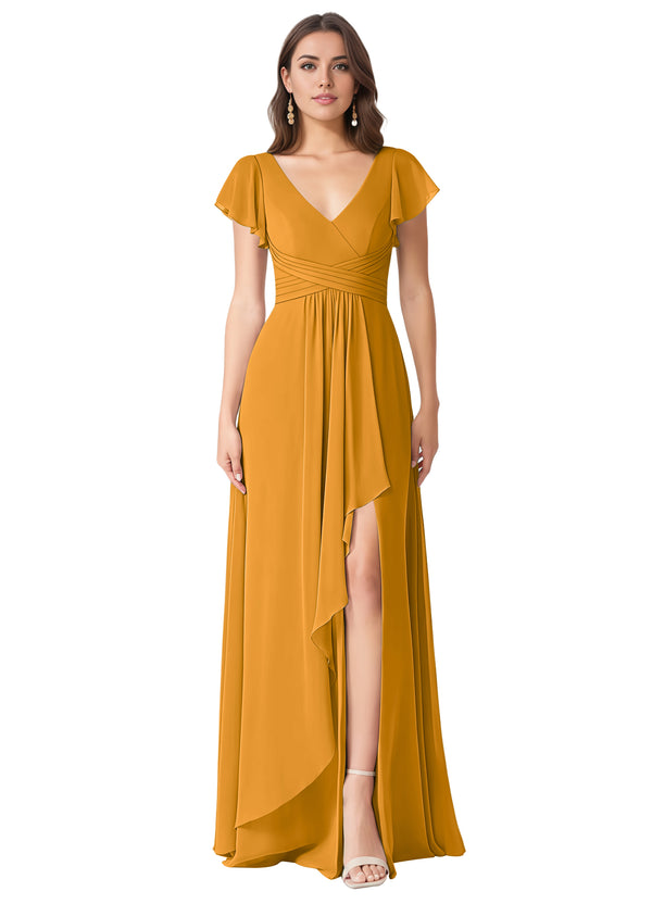 A-line V-Neck Floor-Length Chiffon Bridesmaid Dress With Ruffle