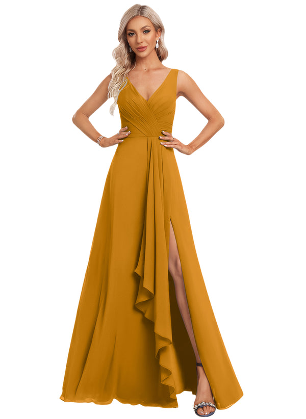 A-line V-Neck Floor-Length Chiffon Bridesmaid Dress with Ruffle