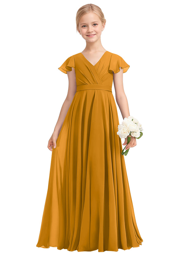 A-line V-Neck Floor-Length Chiffon Junior Bridesmaid Dress