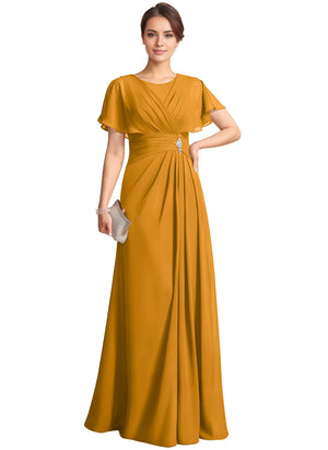 A-line Scoop Floor-Length Chiffon Mother of the Bride Dress With Pleated Beading