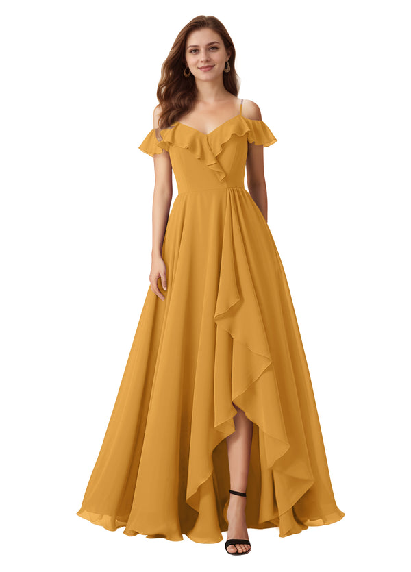 A-line Cold Shoulder Floor-Length Chiffon Bridesmaid Dress With Ruffle