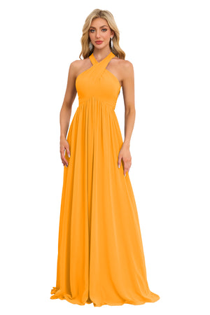 A-line Halter Floor-Length Chiffon Bridesmaid Dress With Ruffle