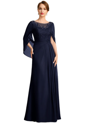 A-line Scoop Illusion Floor-Length Lace Chiffon Mother of the Bride Dress With Sequins Pleated