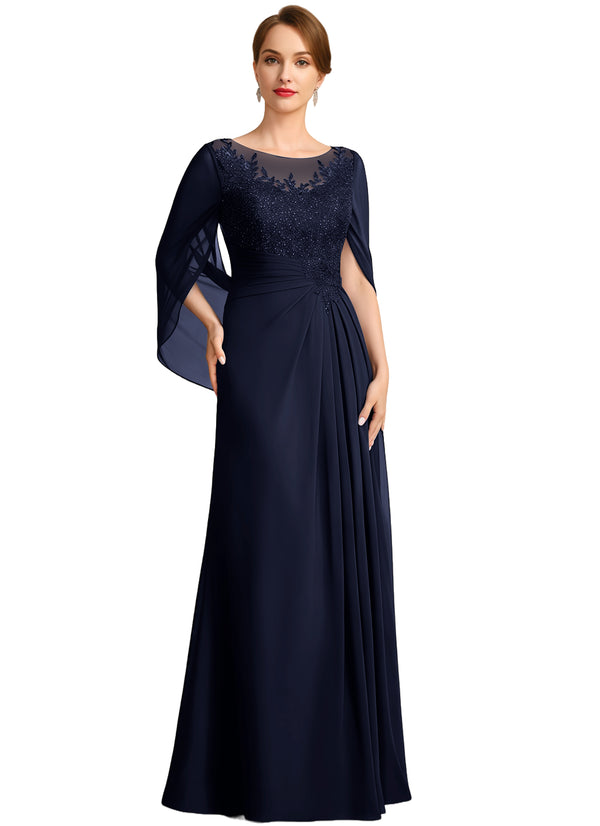 A-line Scoop Illusion Floor-Length Lace Chiffon Mother of the Bride Dress With Sequins Pleated