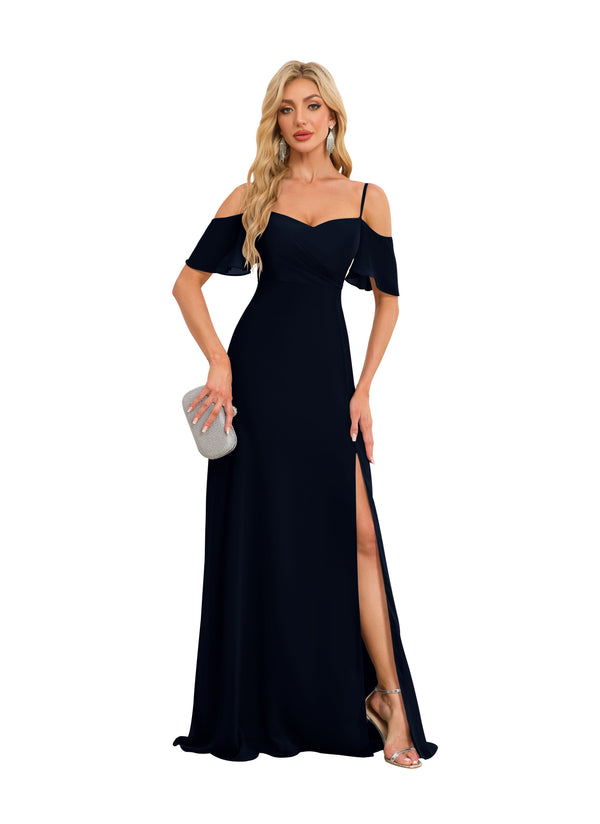 A-line Cold Shoulder Floor-Length Chiffon Bridesmaid Dress With Ruffle
