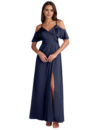 A-line Cold Shoulder Floor-Length Satin Bridesmaid Dress With Ruffle