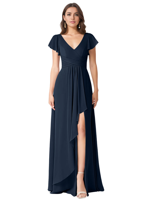 A-line V-Neck Floor-Length Chiffon Bridesmaid Dress With Ruffle