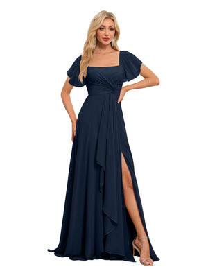 A-line Square Asymmetrical Chiffon Bridesmaid Dress