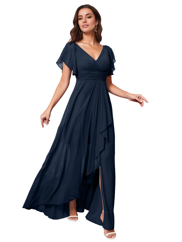 A-line V-Neck Floor-Length Chiffon Bridesmaid Dress With Ruffle