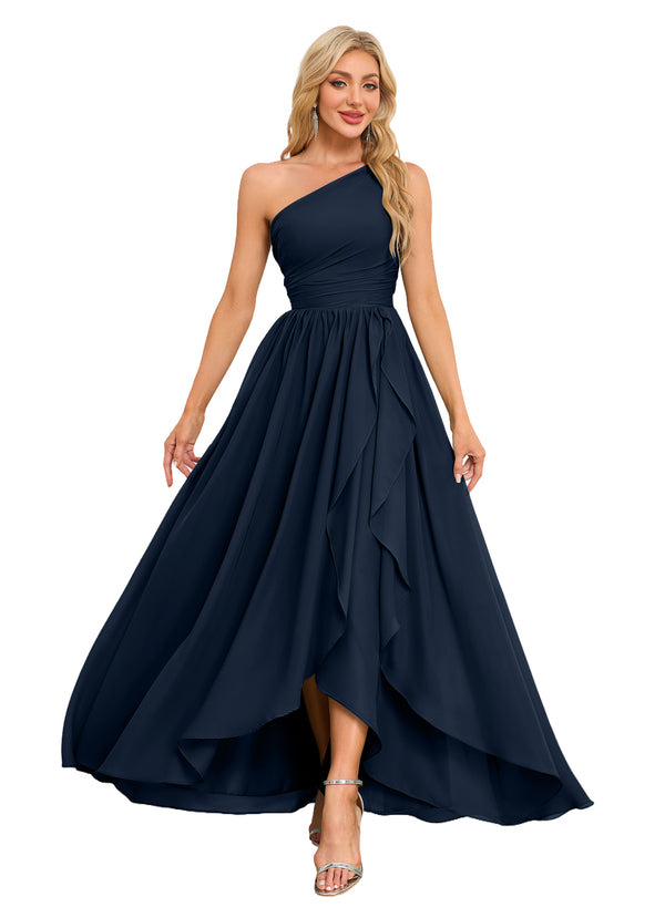 A-line One Shoulder Floor-Length Chiffon Bridesmaid Dress With Ruffle