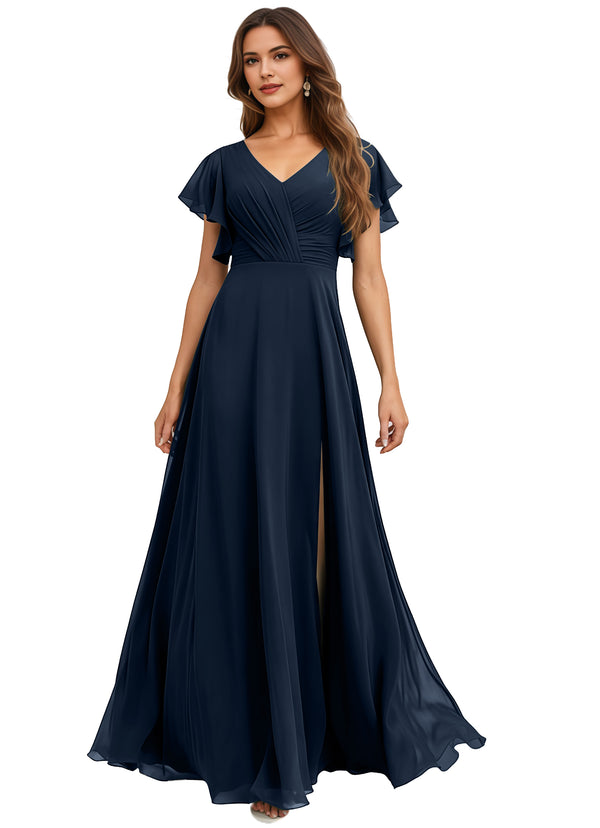 A-line V-Neck Floor-Length Chiffon Bridesmaid Dress With Ruffle
