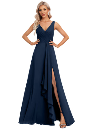 A-line V-Neck Floor-Length Chiffon Bridesmaid Dress with Ruffle