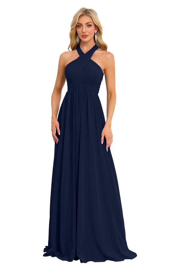 A-line Halter Floor-Length Chiffon Bridesmaid Dress With Ruffle