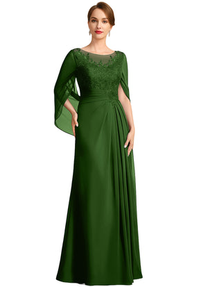 A-line Scoop Illusion Floor-Length Lace Chiffon Mother of the Bride Dress With Sequins Pleated