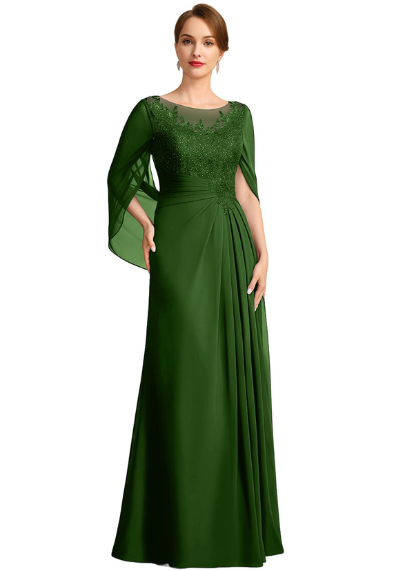 A-line Scoop Illusion Floor-Length Lace Chiffon Mother of the Bride Dress With Sequins Pleated