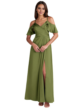 A-line Cold Shoulder Floor-Length Satin Bridesmaid Dress With Ruffle