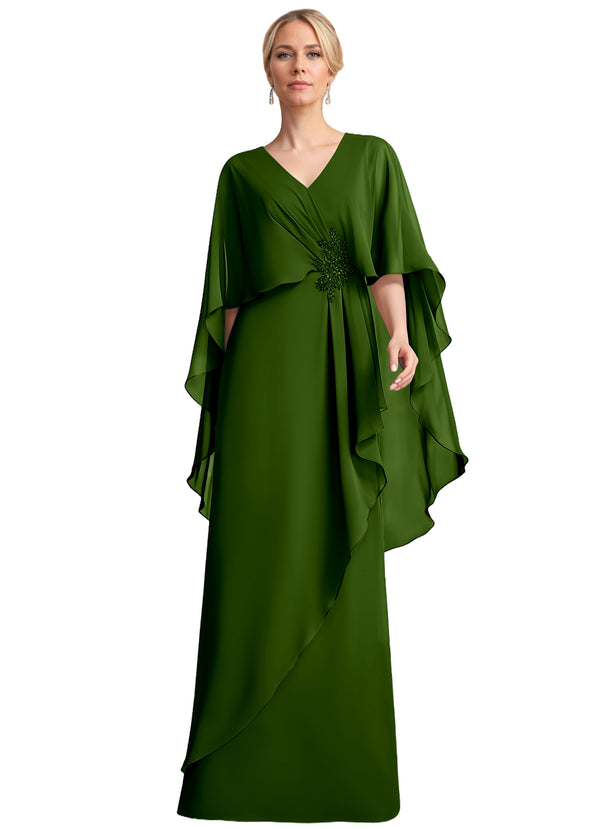 A-line V-Neck Floor-Length Chiffon Mother of the Bride Dress With Cascading Ruffles Beading