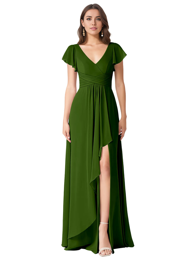 A-line V-Neck Floor-Length Chiffon Bridesmaid Dress With Ruffle