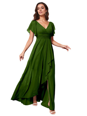 A-line V-Neck Floor-Length Chiffon Bridesmaid Dress With Ruffle