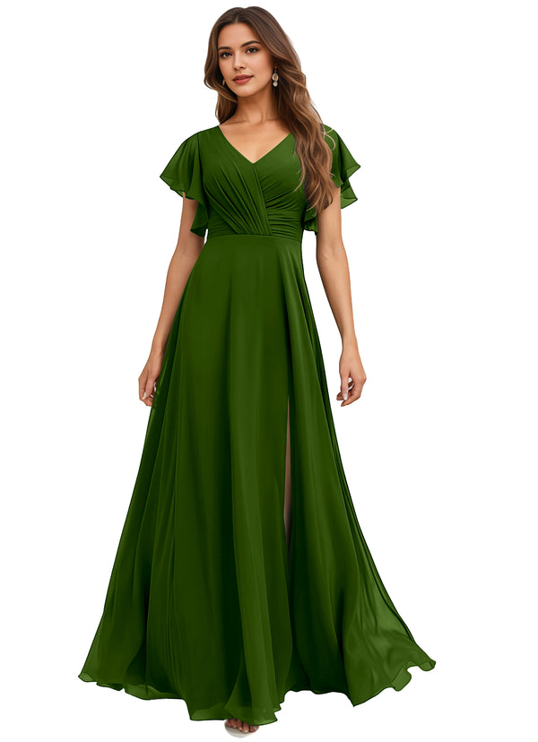 A-line V-Neck Floor-Length Chiffon Bridesmaid Dress With Ruffle