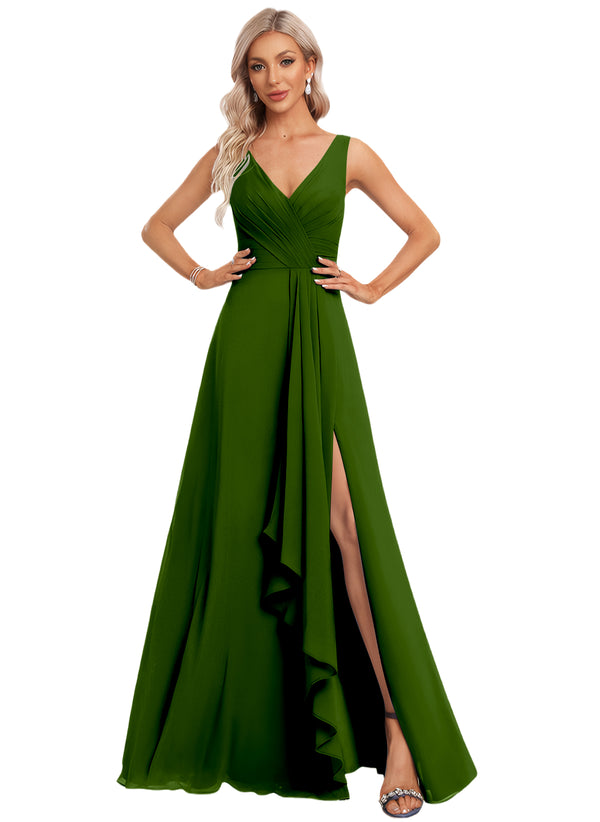 A-line V-Neck Floor-Length Chiffon Bridesmaid Dress with Ruffle