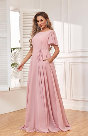 A-line Scoop Floor-Length Chiffon Bridesmaid Dress With Ruffle