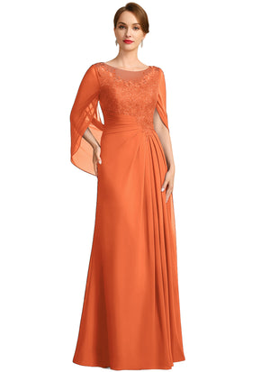 A-line Scoop Illusion Floor-Length Lace Chiffon Mother of the Bride Dress With Sequins Pleated