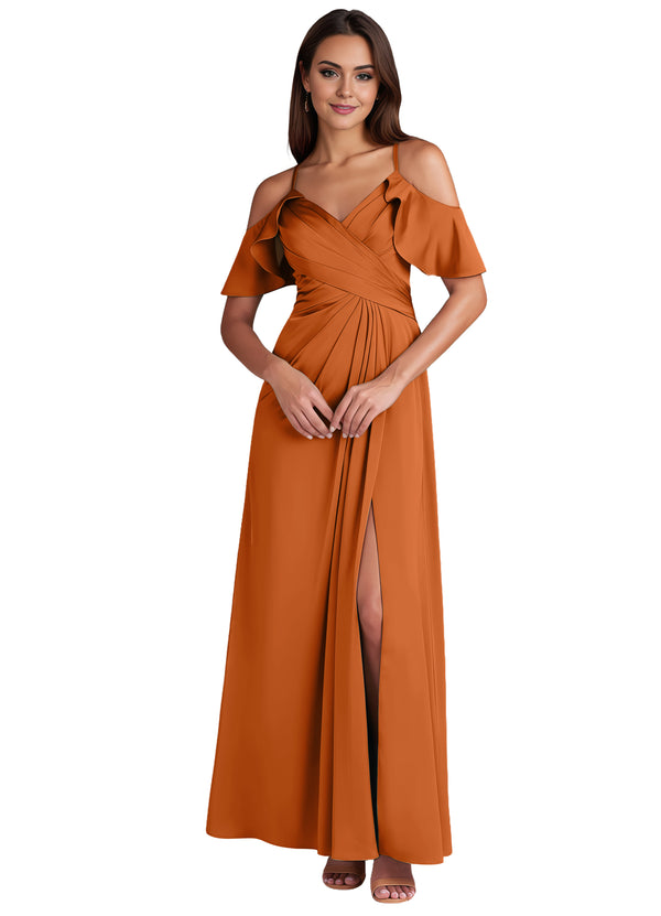 A-line Cold Shoulder Floor-Length Satin Bridesmaid Dress With Ruffle